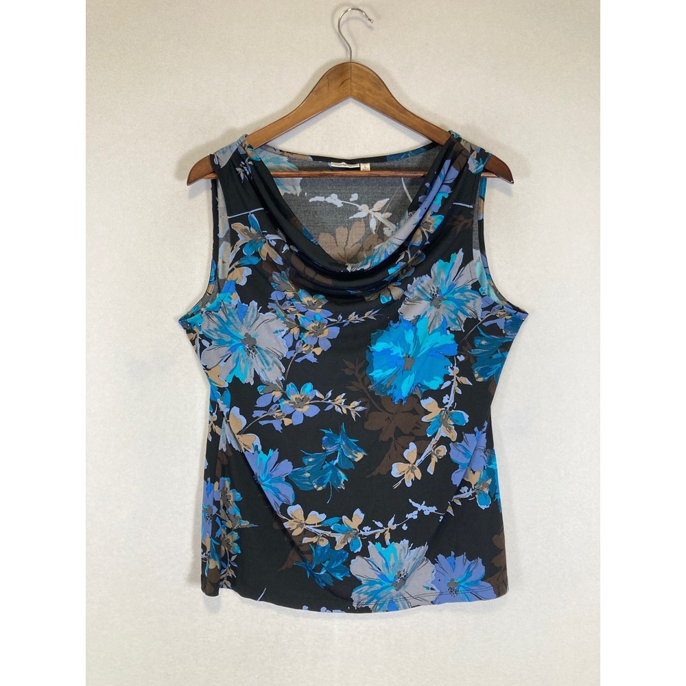 Floral Croft & Barrow Womens Large Blue Black‎ Cowl Neck Sleeveless Tank Top